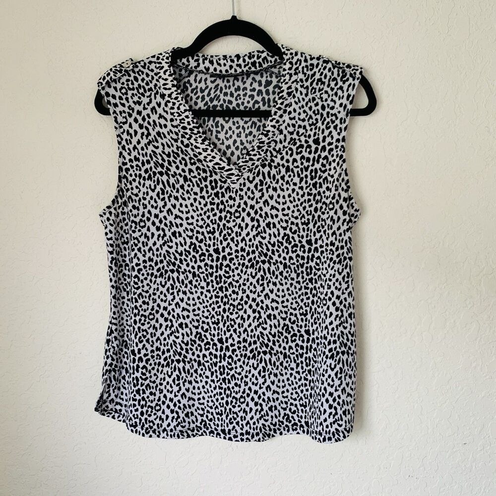 New York Company Blouse Women S White Black Animal Print Leopard Sleeveless Work